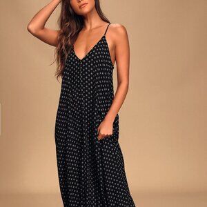 Lulus Yours Tule Black Floral Print Maxi Dress Flowy beach dress w/pockets S/M